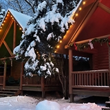 Cabin homes in winter.