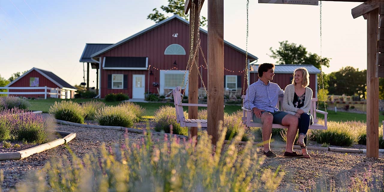 Couple sitting in a swing at New Life Lavender & Cherry Farm