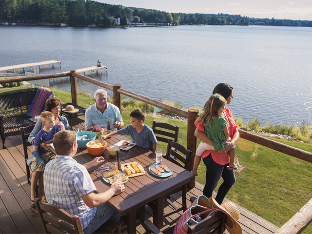 A family at the Lake Delton Waterfront Villas in Wisconsin Dells.