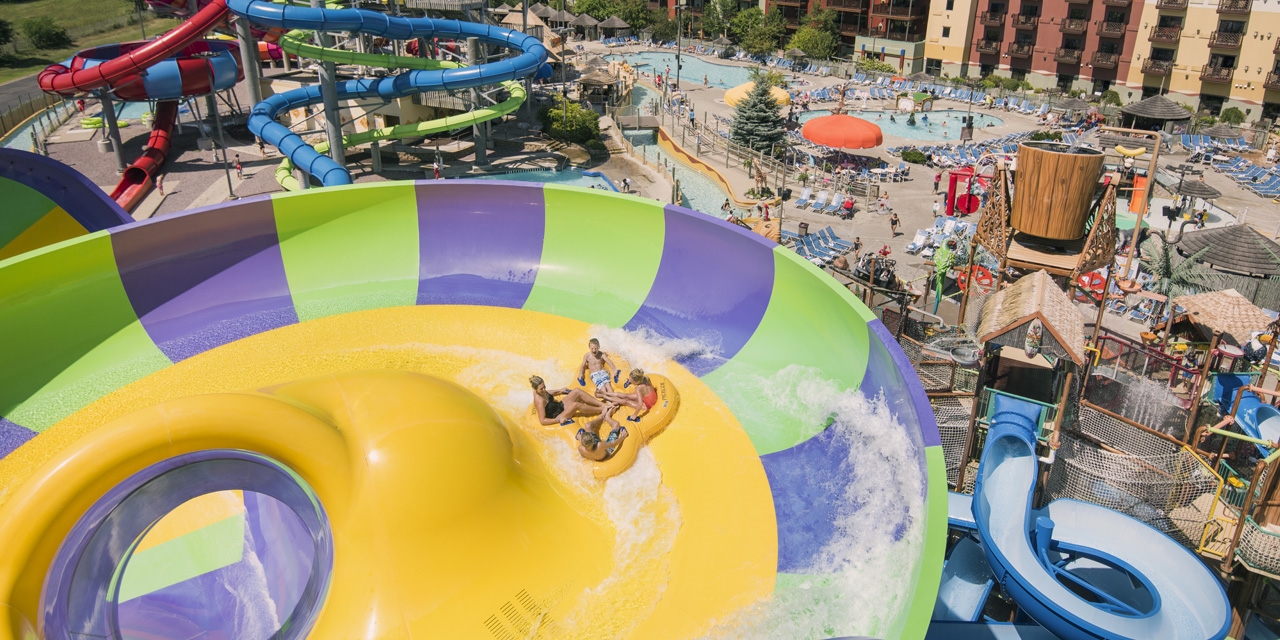 A family on a waterslide at Kalahari Resort in Wisconsin Dells.