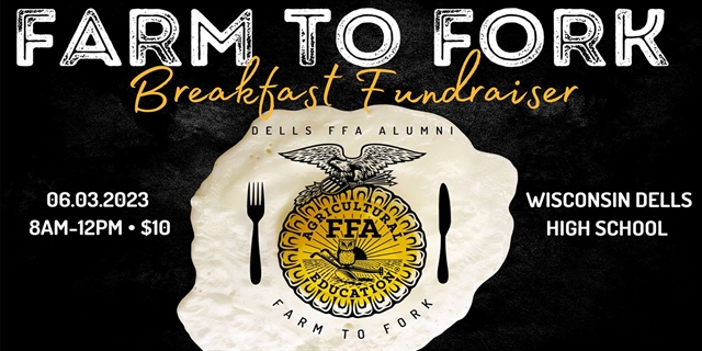 Wisconsin Dells FFA Alumni Farm to Fork Breakfast Fundraiser flyer.