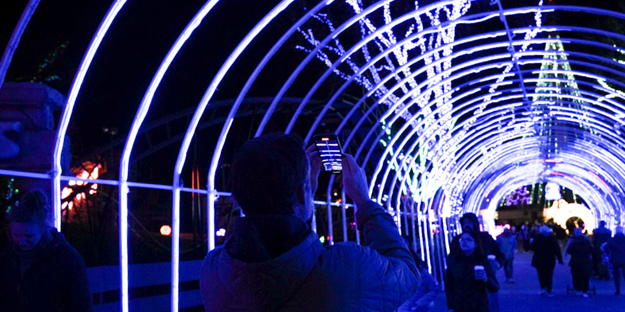 A person taking a pictures at Mt. Olympus' Nights of Lights.