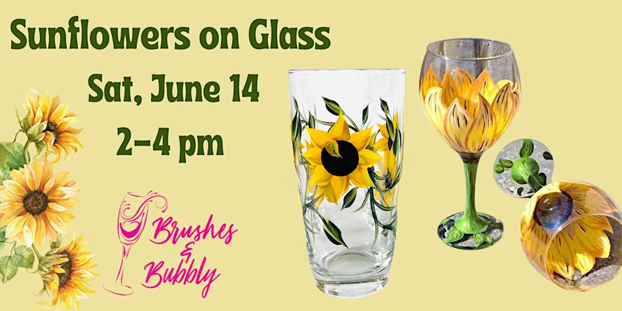 Sunflowers on Glass at Brushes & Bubbly