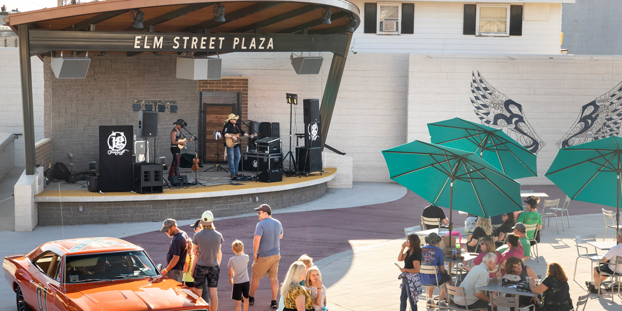 Band playing at Elm Street Plaza stage.