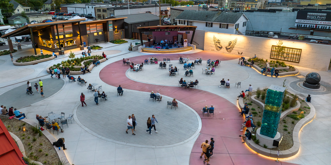 Aerial view of Elm Street Plaza.