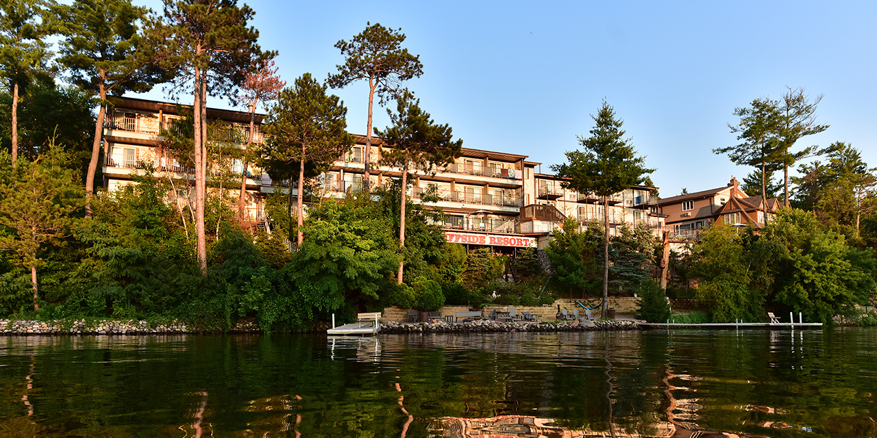 The Wilderness on the Lake buildings stand on the shores of Lake Delton in Wisconsin Dells.