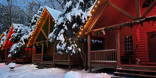 Cabin homes in winter.