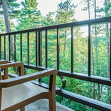 Patio seating with a view of the luscious forest.