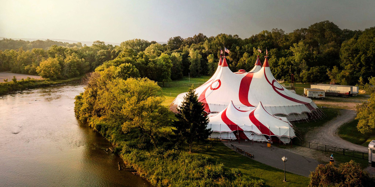 Aerial view of a large circus tent.