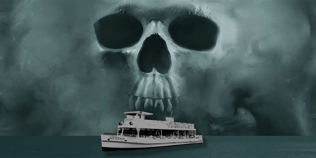 A ghostly boat in front of a spooky skull.