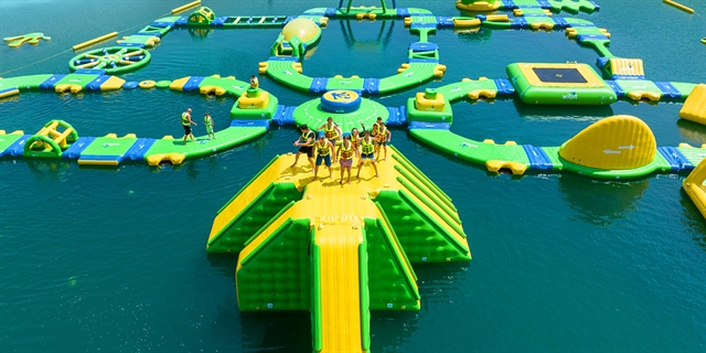 Overview of floating waterpark on Lake Wisconsin Dells.