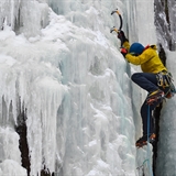 A person ice climbs in Wisconsin Dells.