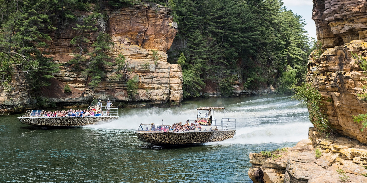 Jet boats on the water in Wisconsin Dells.