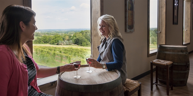 Women enjoy wine with a view of the vineyard.