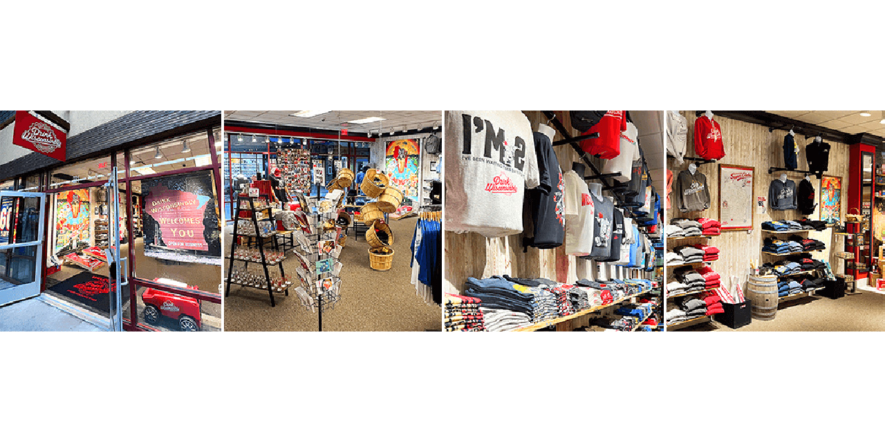 Collage of Drink Wisconsinbly Gift Shop interior images.
