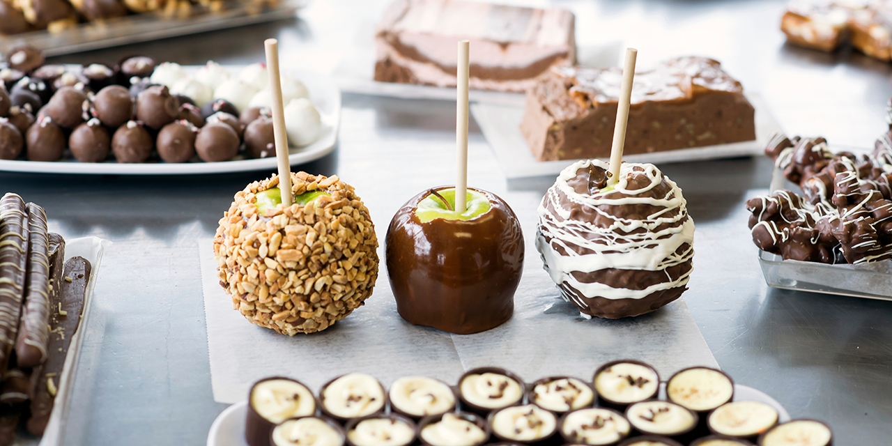 Caramel apples and candies.