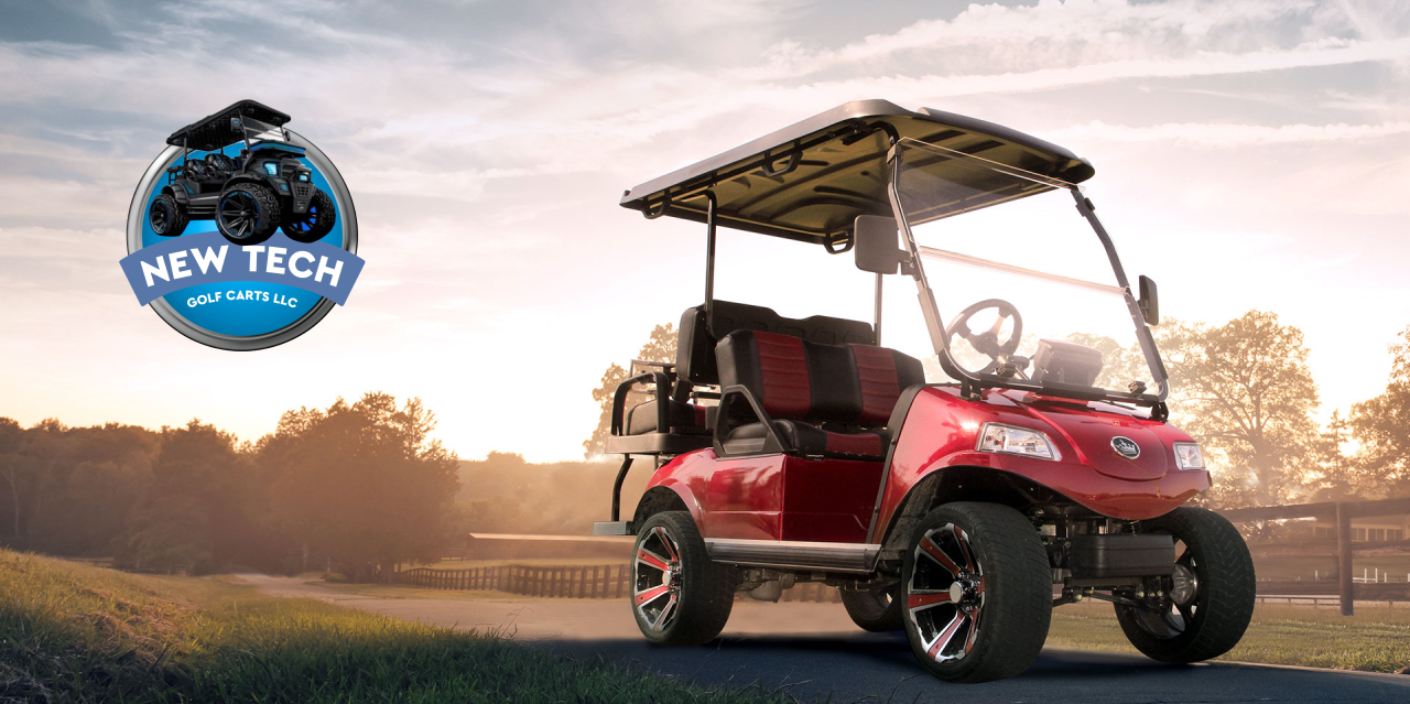 Three golf carts in different colors.